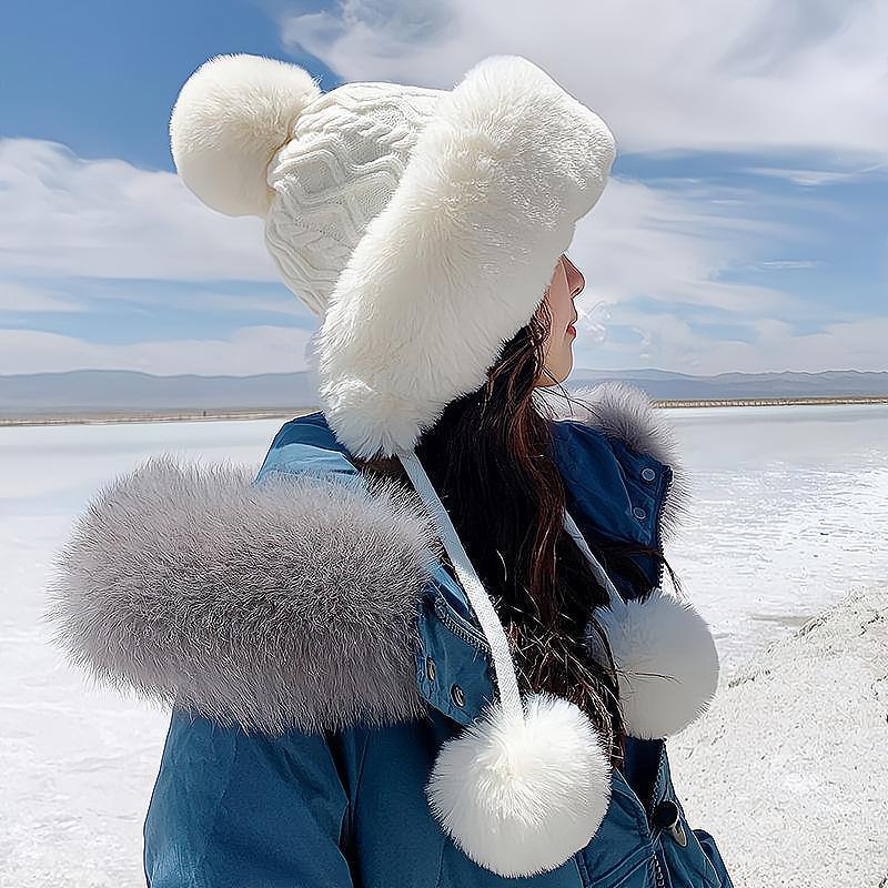 autumn and winter women's cotton cashmere sleeve cap shuttlecock cute fleece-lined thickened cold protection keep warm pure color knitted hat full figure