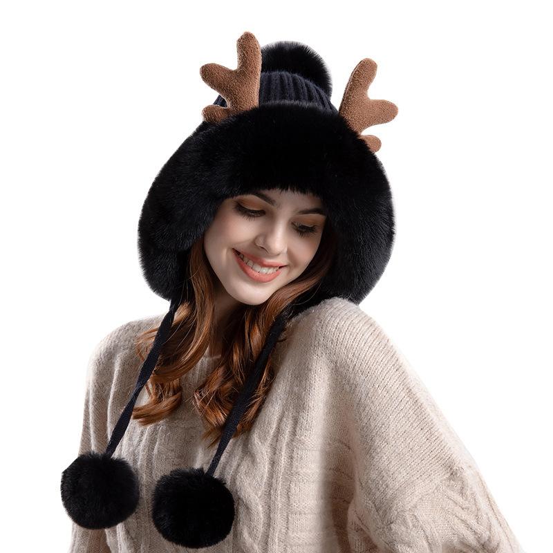 9991 new antlers knitted woolen cap plush earflaps slipover hat korean style shuttlecock thickened warm hat children Item Picture
