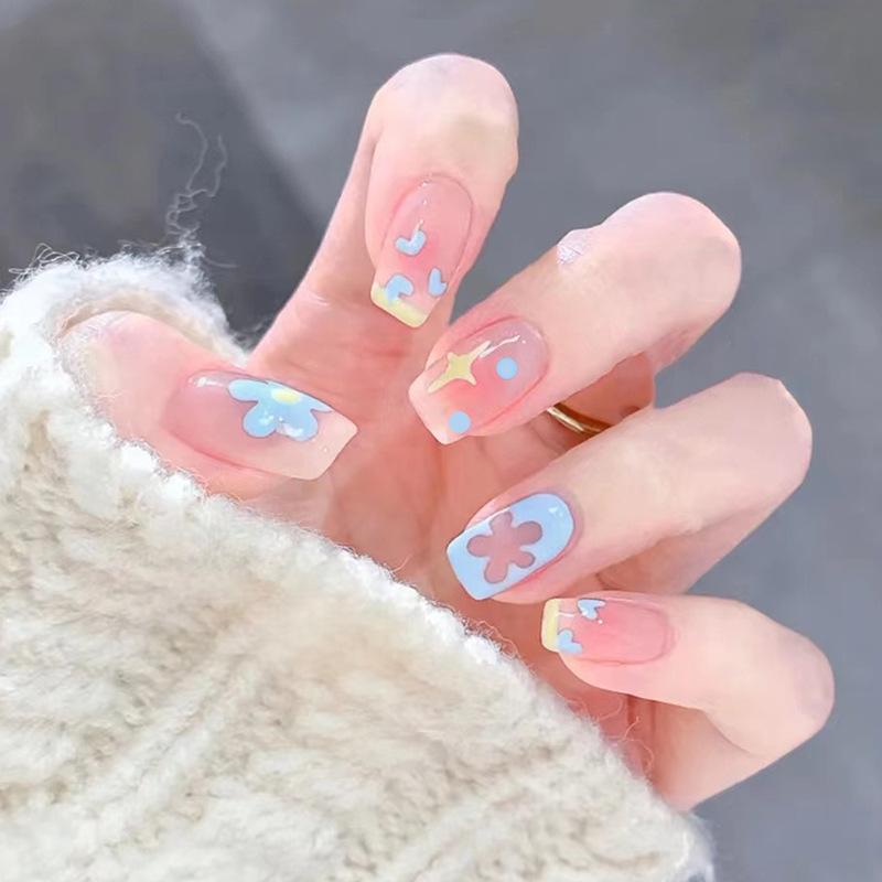 early spring milk blue wear nail cute hand painted nail art finished product custard french love fake nails nail tip wholesale details Picture