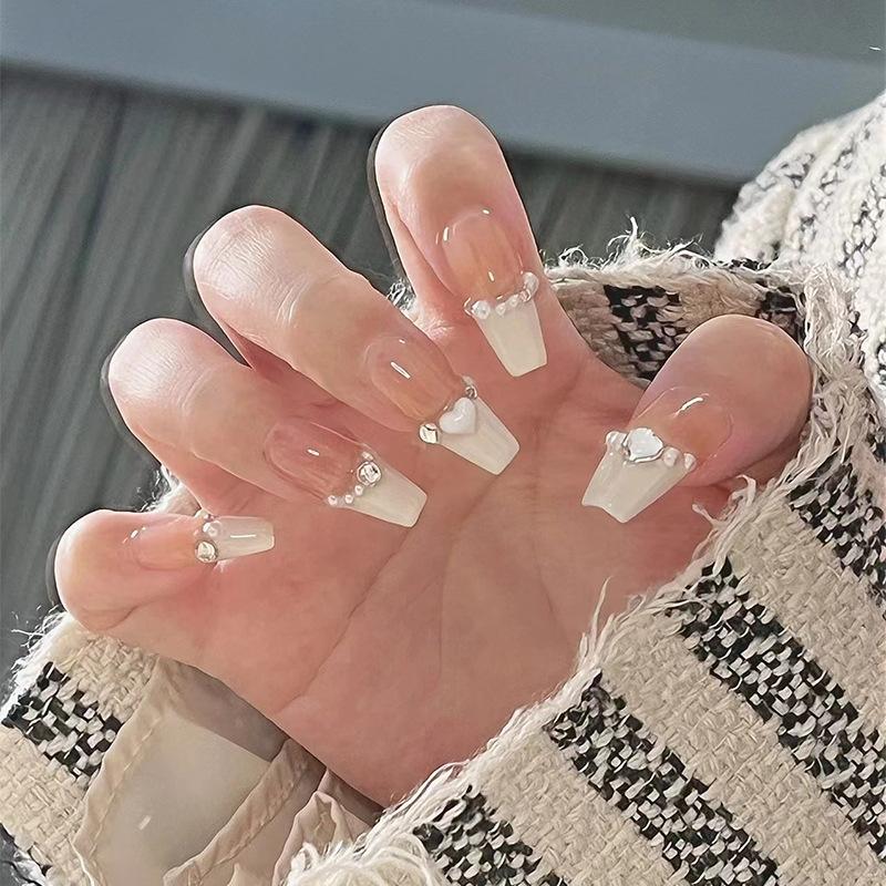 long nude milky white french wear nail gentle elegant nail patch pearl heart nail art finished product nail tip nail tip Specification drawing