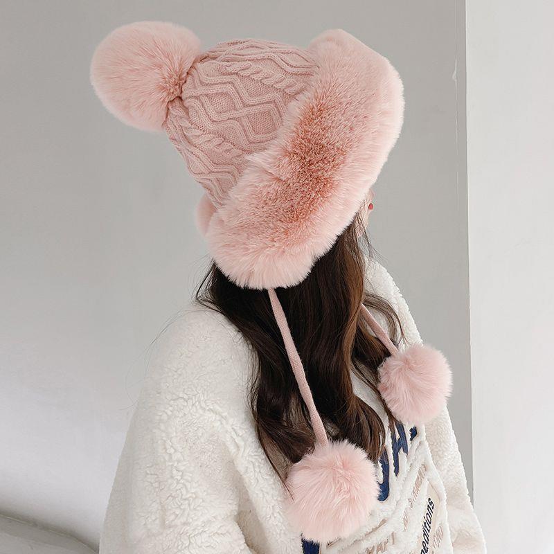 autumn and winter women's cotton cashmere sleeve cap shuttlecock cute fleece-lined thickened cold protection keep warm pure color knitted hat Specification drawing