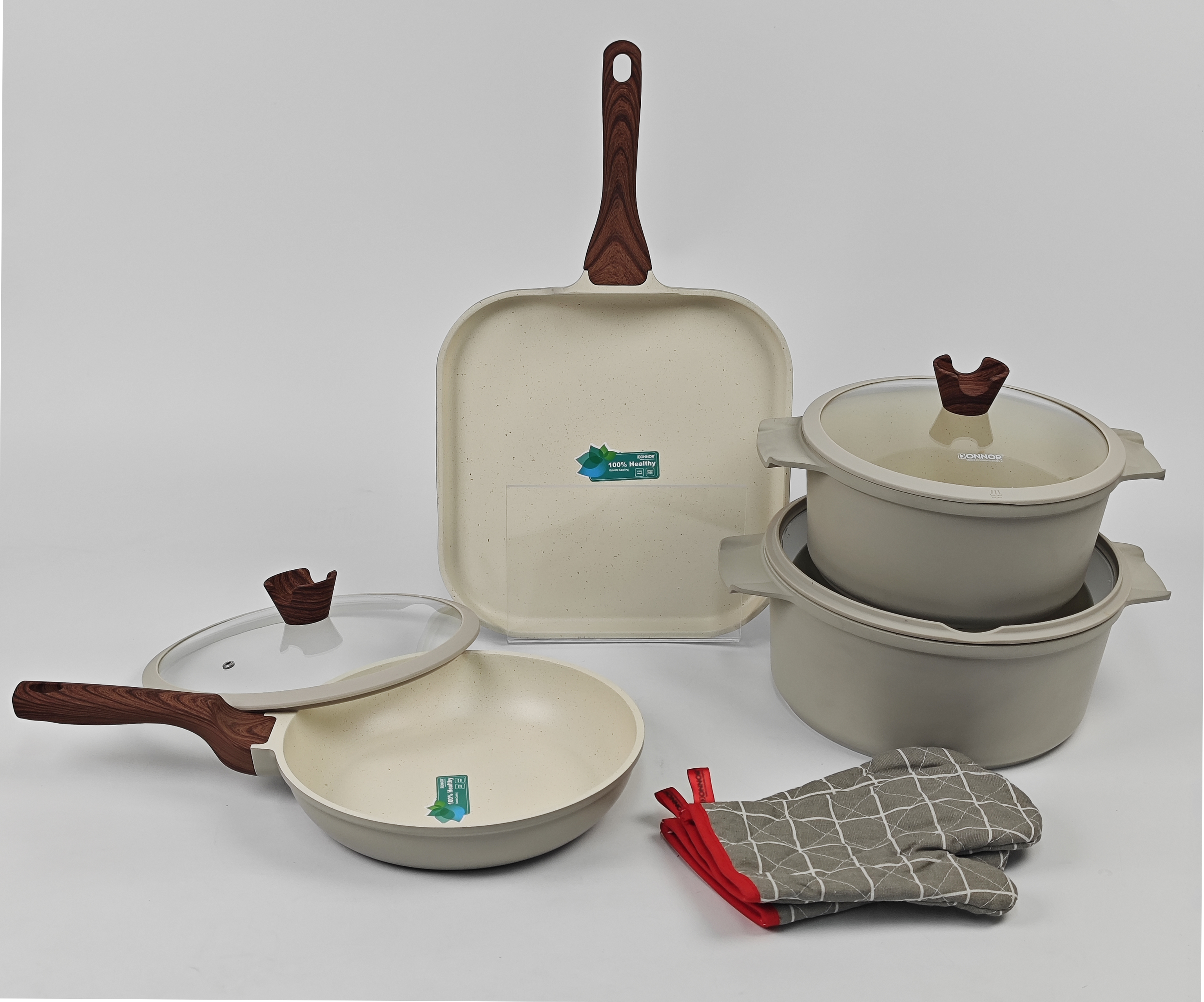 Ruili Series 9-piece set: 24/28 soup pot, 26 frying pan, 28 pizza pan, silicone lid, pair of cotton gloves, bottom covering, stacked packaging, five-layer silver-embossed color box, black, blue, ivory white details Picture