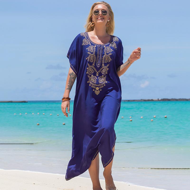 new european and american style blue embroidered vacation robe loose seaside beach dress sun protection clothing bikini swimsuit blouse details Picture