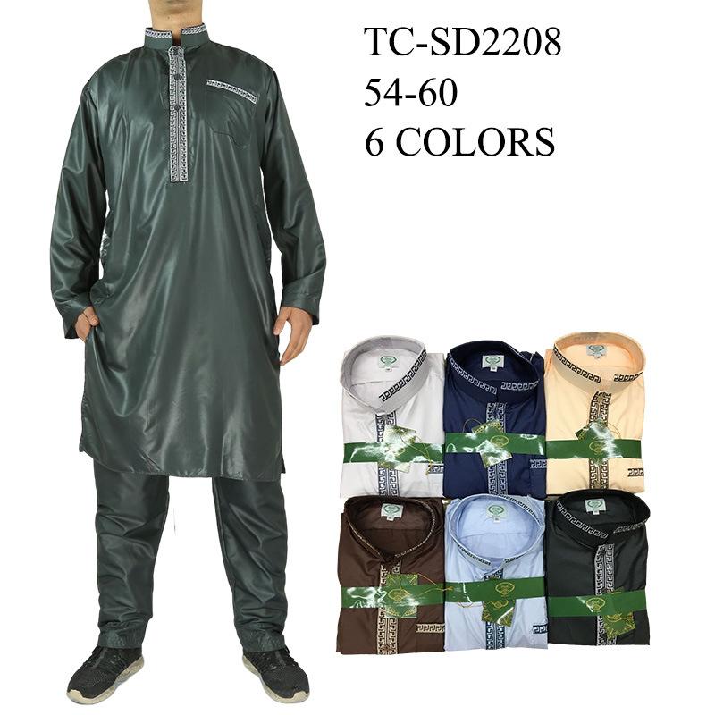 wholesale new polyester embroidered arabic robe two-piece set stand collar long sleeve slim fit fashion islamic clothing full figure