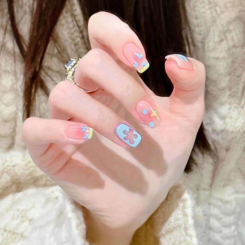 early spring milk blue wear nail cute hand painted nail art finished product custard french love fake nails nail tip wholesale Specification drawing