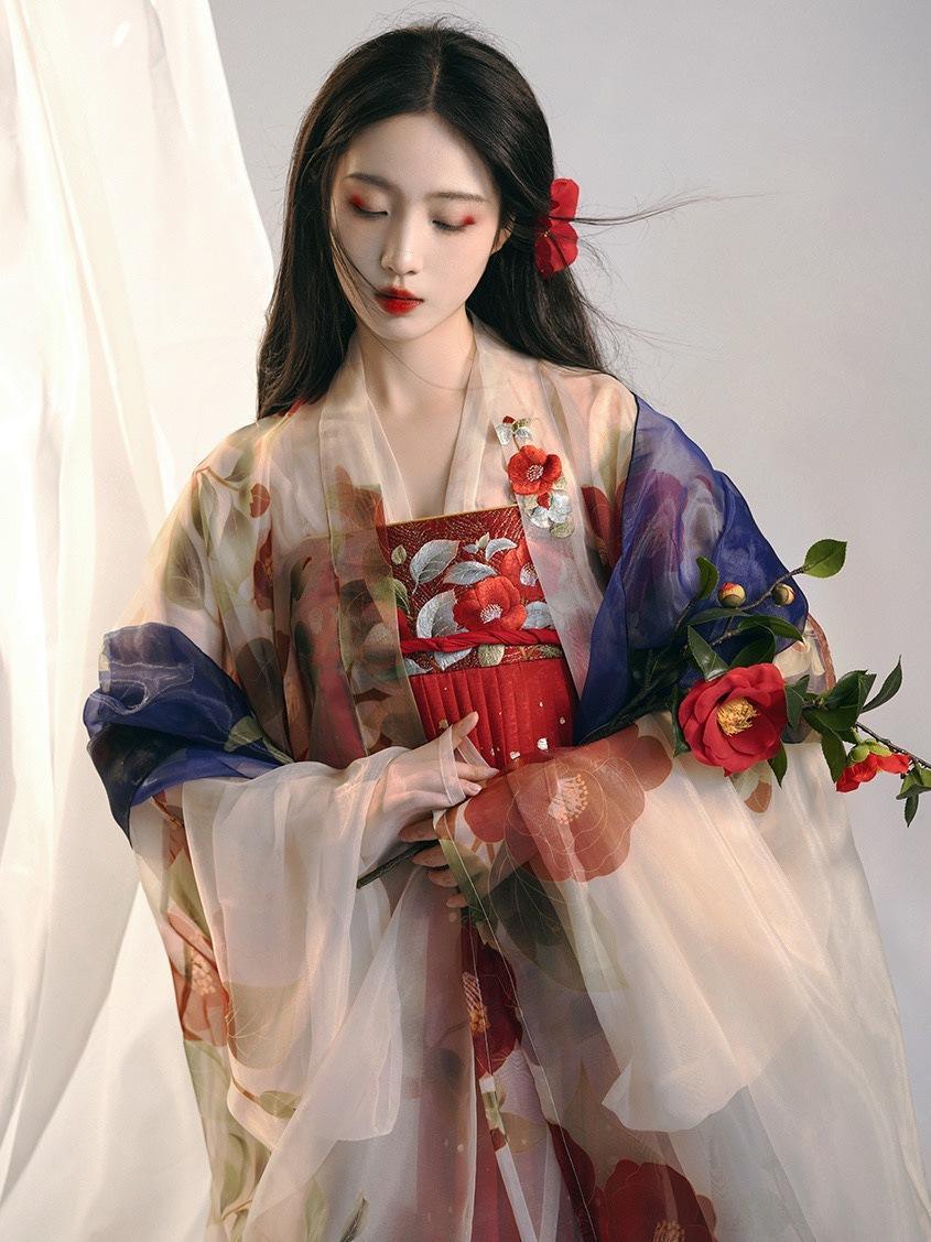 zhu yan camellia embroidered tang style one-piece hanfu long robe printed large sleeve shirt chest pleated skirt women's han chinese clothing Specification drawing