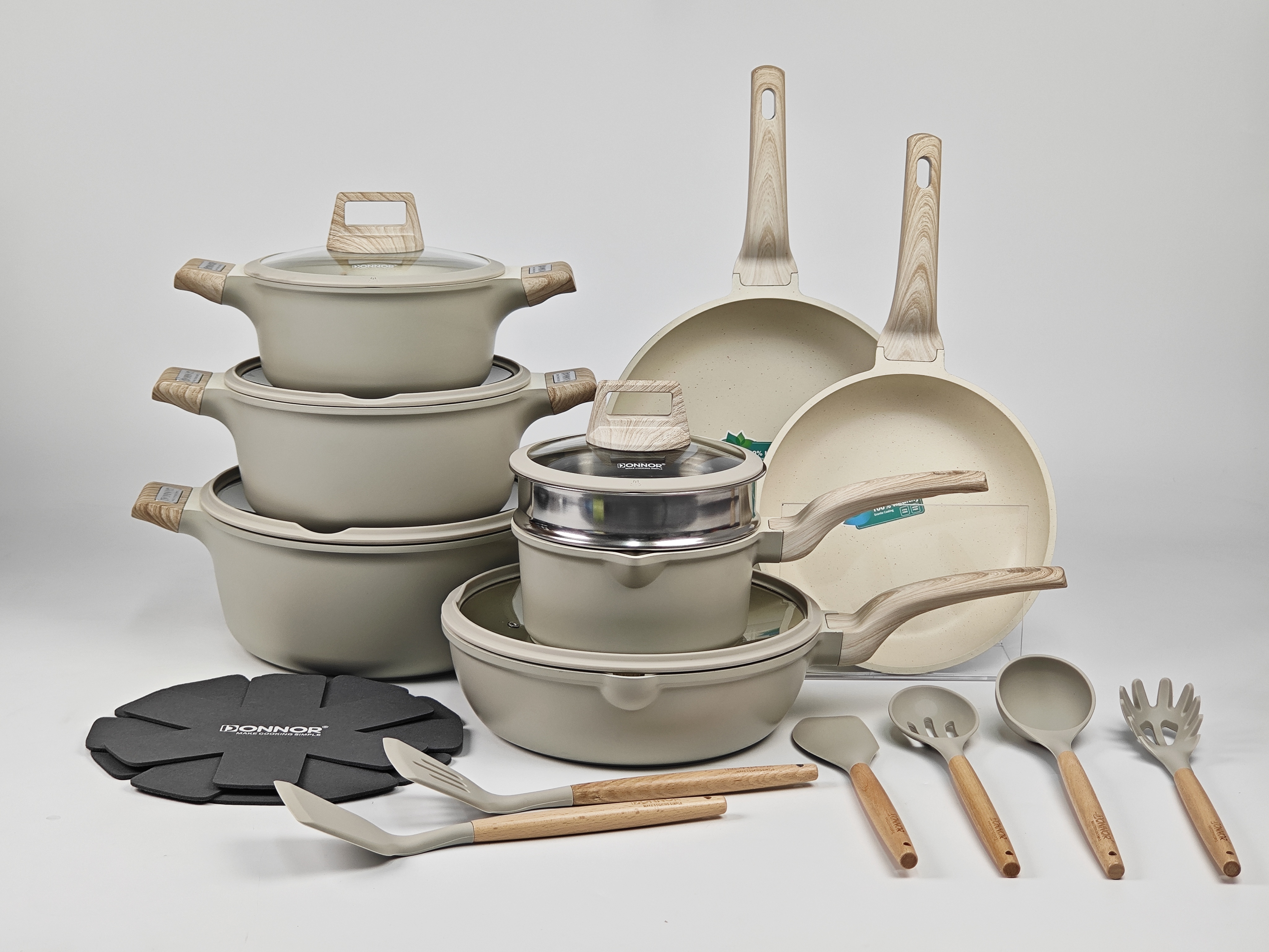 Ruili series 22-piece set: 18 milk pot, 18 steamer, 20/24/28 soup pot, 24/28 frying pan, 28 deep frying pan, 3 pot pads, silicone spatula and spoons at the bottom, stacked with five layers of silver foil, gray and ivory white boxes details Picture