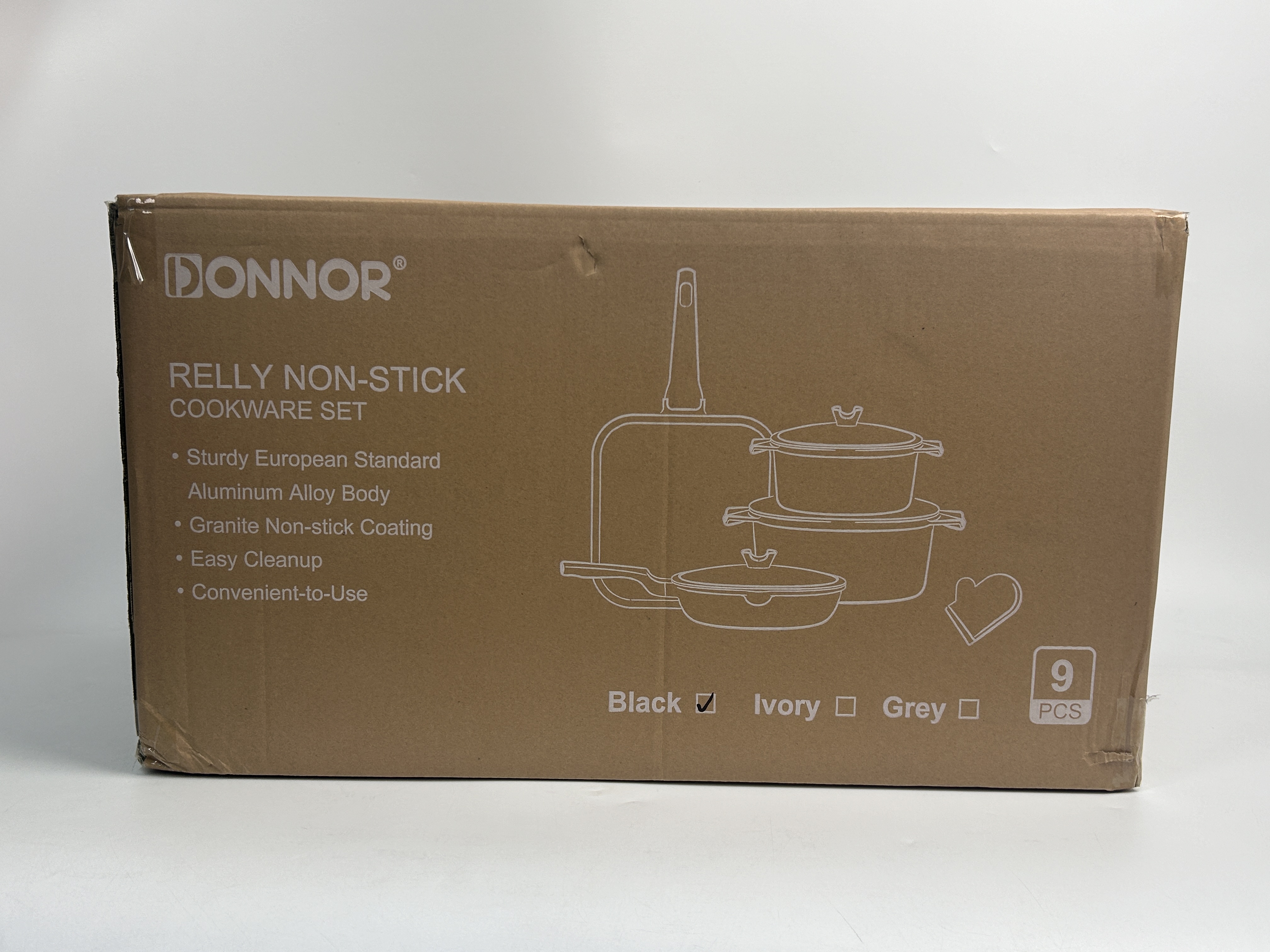 Ruili Series 9-piece set: 24/28 soup pot, 26 frying pan, 28 pizza pan, silicone lid, pair of cotton gloves, bottom covering, stacked packaging, five-layer silver-embossed color box, black, blue, ivory white Item Picture