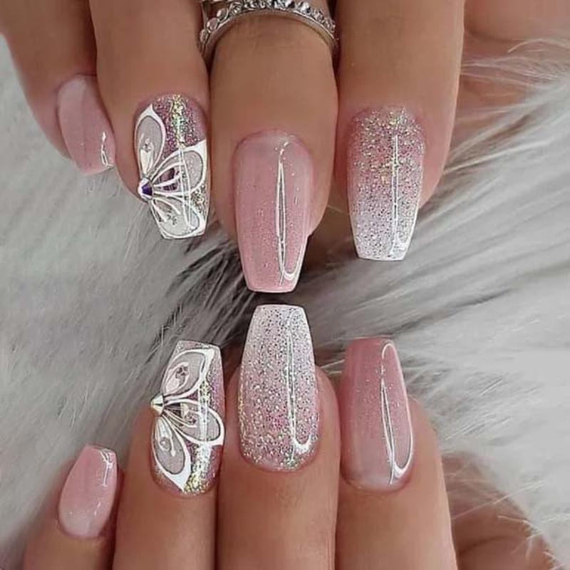 yiwu nail art wholesale pink gradient glitter pure want to wear nail butterfly rhinestone nail art wear nail art piece wholesale