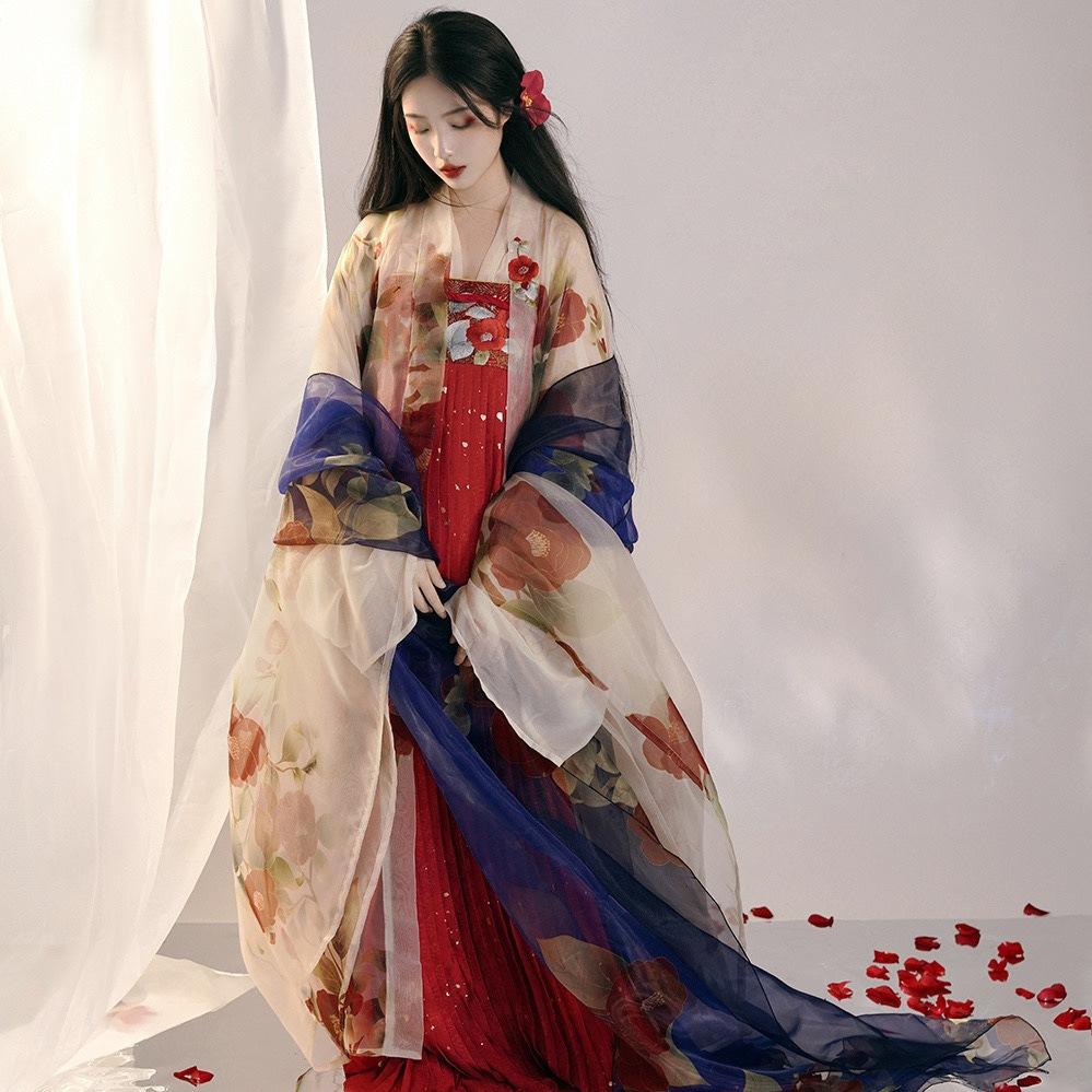 zhu yan camellia embroidered tang style one-piece hanfu long robe printed large sleeve shirt chest pleated skirt women's han chinese clothing details Picture