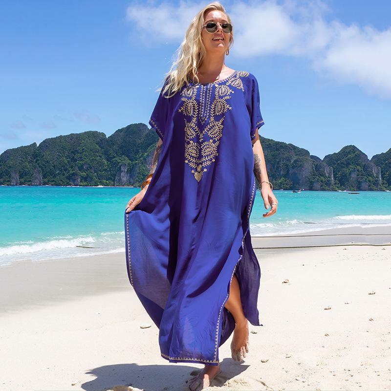 new european and american style blue embroidered vacation robe loose seaside beach dress sun protection clothing bikini swimsuit blouse full figure