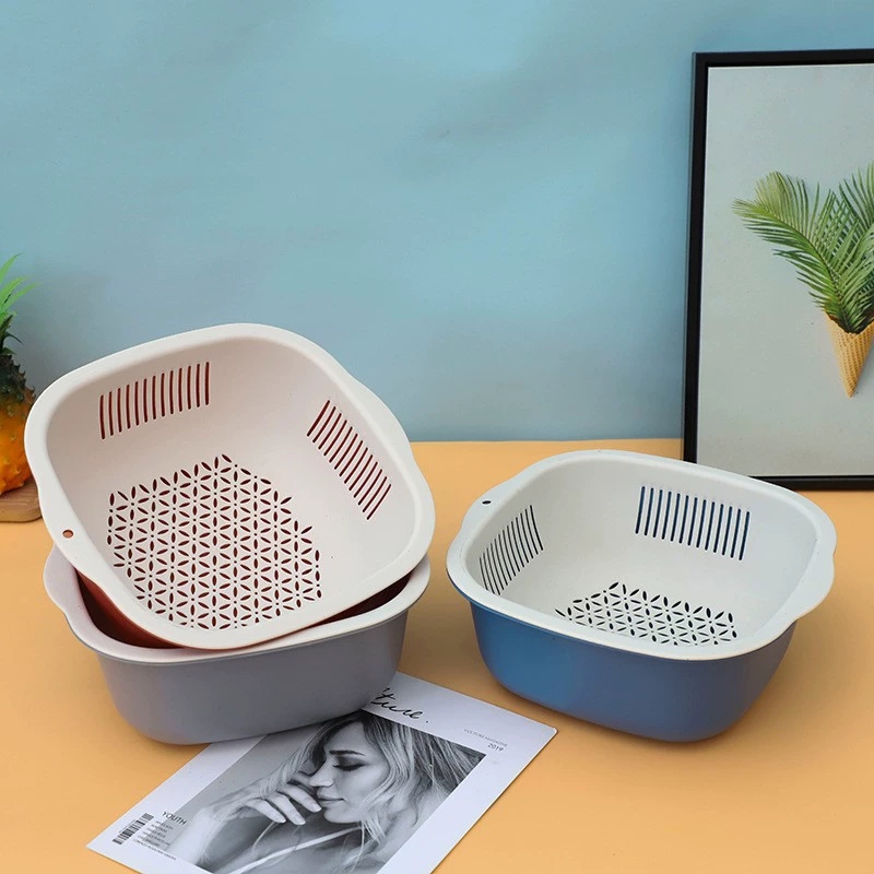 J175-Q205 Creative double layer fruit and vegetable drain basket Kitchen storage washing basket Square washing basket undefined