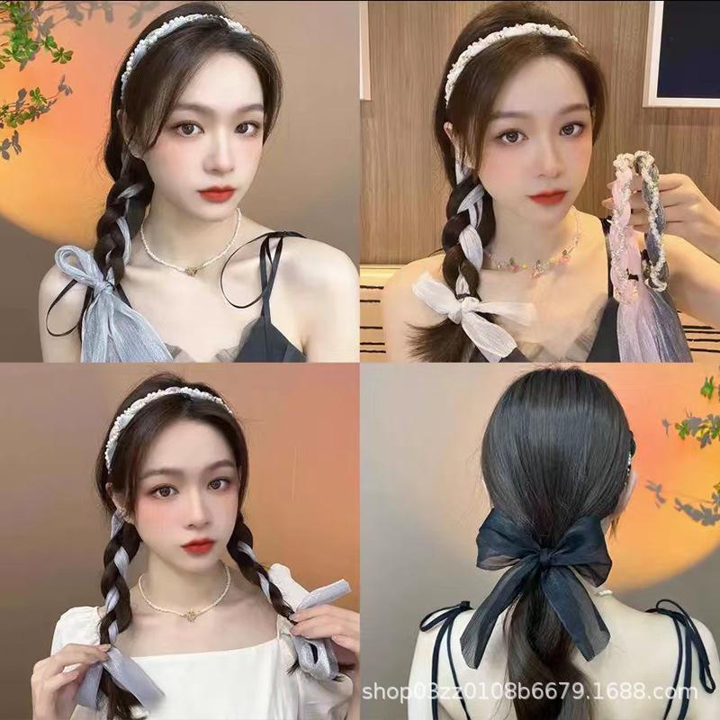 ribbon one-piece headband korean style fairy hairpin hair band female hair tie headband super fairy pearl braided hair ribbon hair accessories full figure