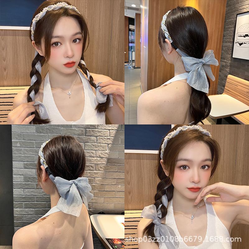 ribbon one-piece headband korean style fairy hairpin hair band female hair tie headband super fairy pearl braided hair ribbon hair accessories details Picture