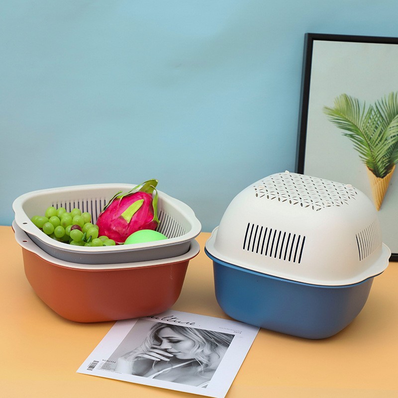 J175-Q205 Creative double layer fruit and vegetable drain basket Kitchen storage washing basket Square washing basket undefined