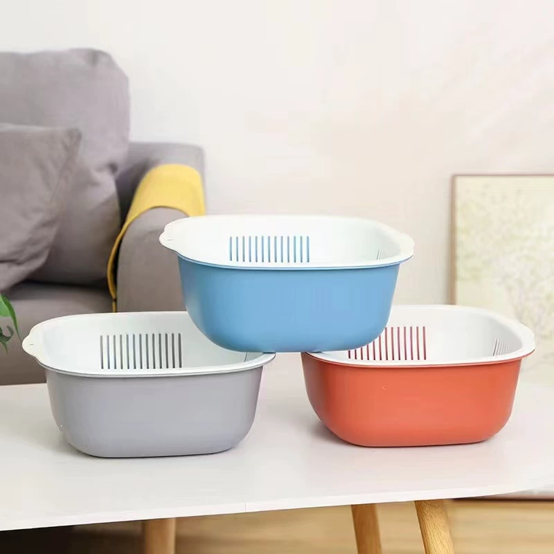 J175-Q205 Creative double layer fruit and vegetable drain basket Kitchen storage washing basket Square washing basket undefined