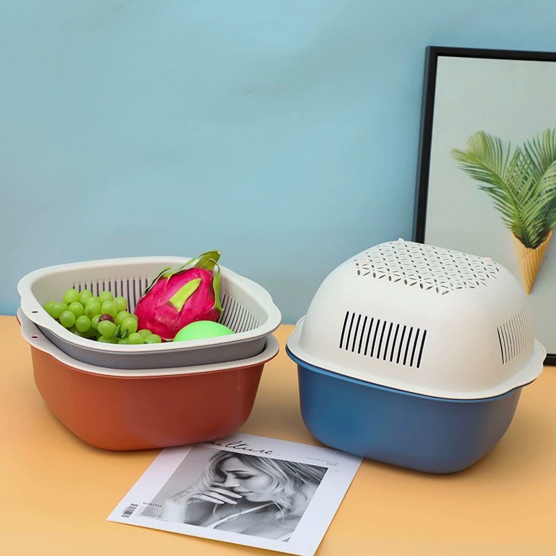 J175-Q205 Creative double layer fruit and vegetable drain basket Kitchen storage washing basket Square washing basket undefined
