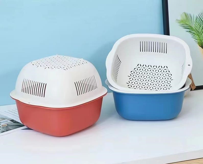 J175-Q205 Creative double layer fruit and vegetable drain basket Kitchen storage washing basket Square washing basket full figure