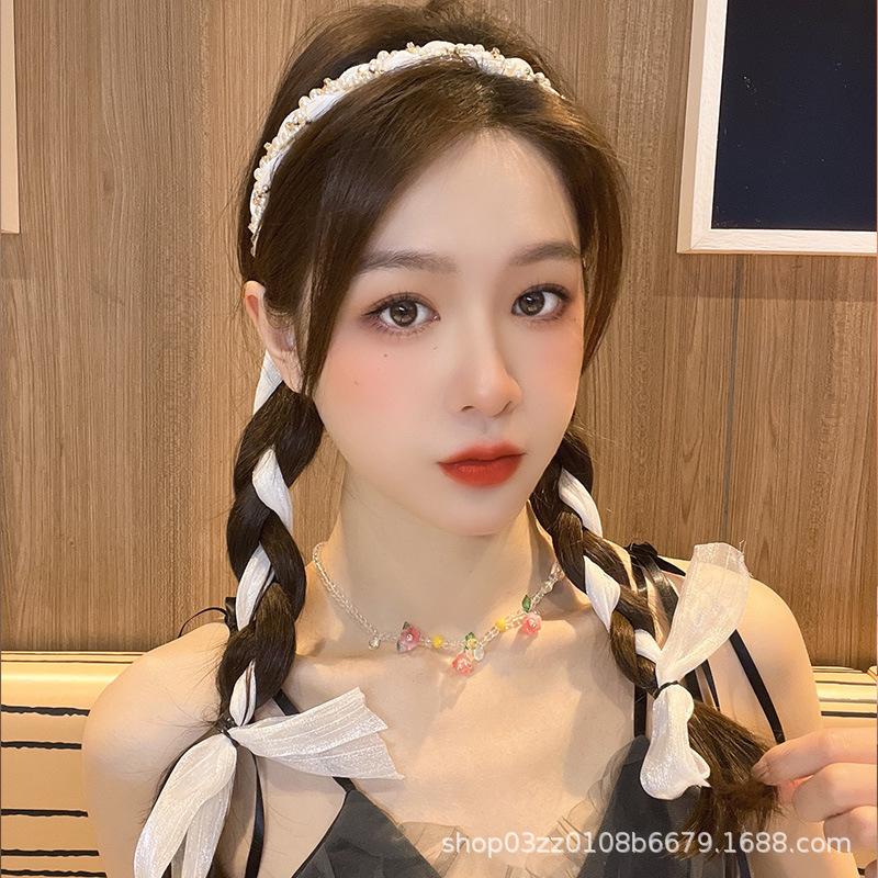 ribbon one-piece headband korean style fairy hairpin hair band female hair tie headband super fairy pearl braided hair ribbon hair accessories Application Scenario