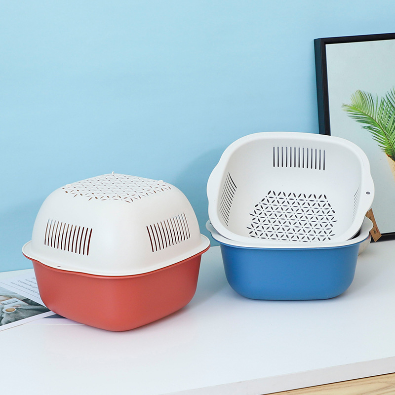 J175-Q205 Creative double layer fruit and vegetable drain basket Kitchen storage washing basket Square washing basket Item Picture