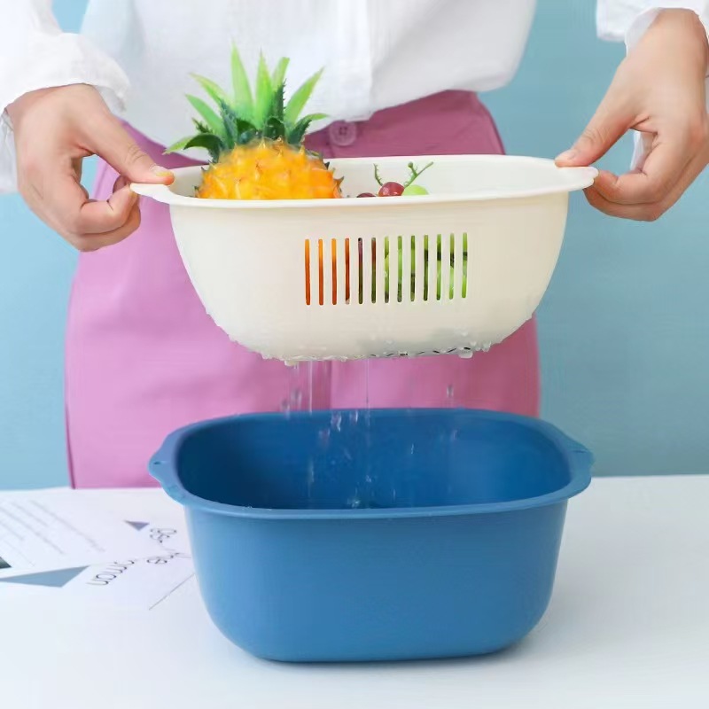 J175-Q205 Creative double layer fruit and vegetable drain basket Kitchen storage washing basket Square washing basket undefined