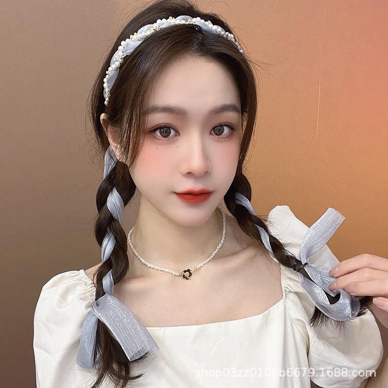 ribbon one-piece headband korean style fairy hairpin hair band female hair tie headband super fairy pearl braided hair ribbon hair accessories Specification drawing