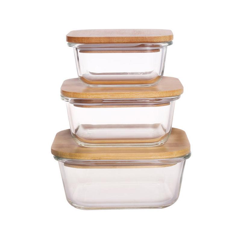 rectangular borosilicate glass butter box bamboo wood cover heat-resistant glass fresh lunch box refrigerator refrigerated storage box Specification drawing