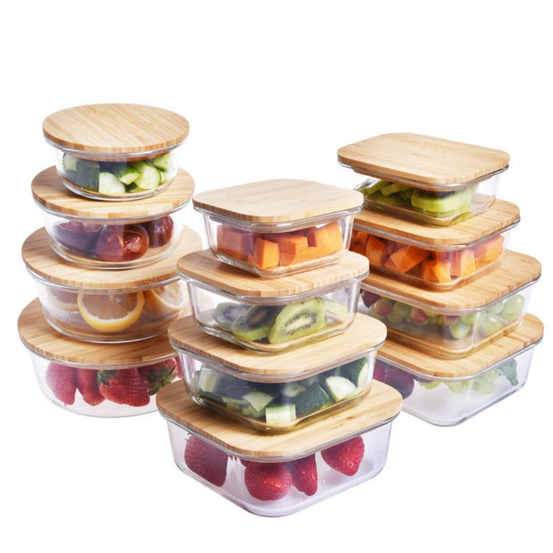 rectangular borosilicate glass butter box bamboo wood cover heat-resistant glass fresh lunch box refrigerator refrigerated storage box full figure