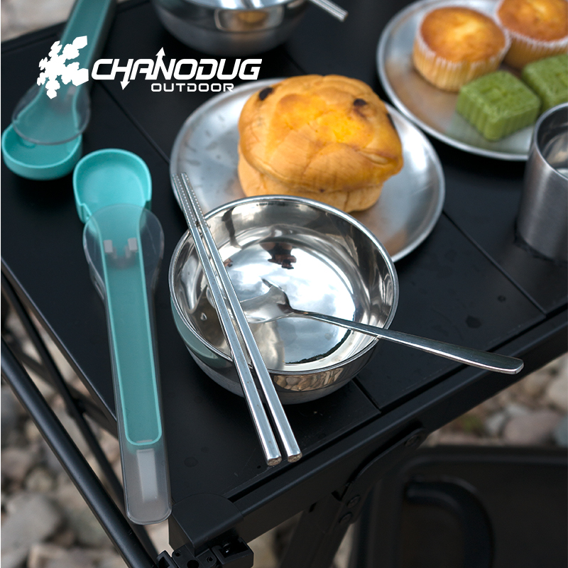 CHANODUG/ Chanodug Outdoor Camping Storage Stainless Steel Tableware Set for 2, 4, 6 and 8 People Combined Outdoor Tableware Set Application Scenario