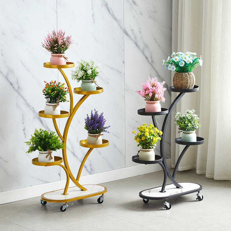 Light luxury ironwork flower stand, floor-standing multi-layer wheeled storage rack for the living room, plant and flower POTS for the balcony Application Scenario