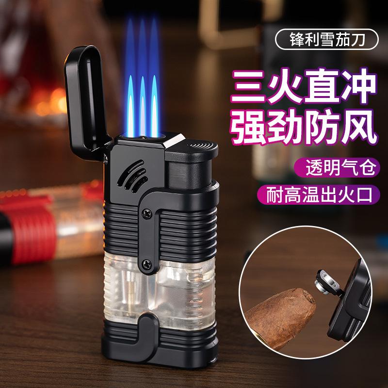 hl03 new foreign trade three direct punching transparent gas box cigar cutter gas windproof lighter cigarette lighter