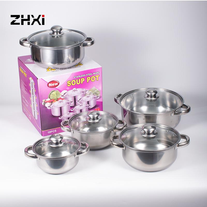 factory stainless steel 10 pieces set pot soup pot cookware foreign trade kitchenware cooking pot cookware set
