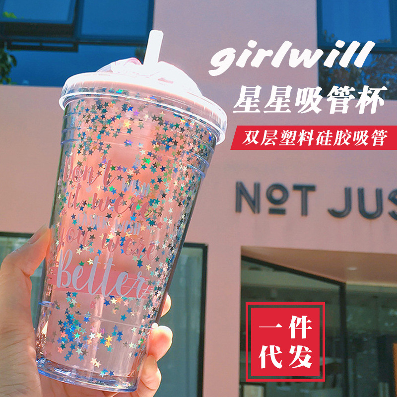 girlwill涂鸦星星双层塑料吸管杯少女心ins风可爱网红.水杯子大人塑料杯杯子大肚杯学生夏季卡通塑料杯大肚杯礼品店