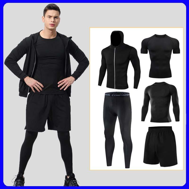 gym exercise running outfit men's breathable quick-drying fitness clothes night running five-piece suit tight men's training wear