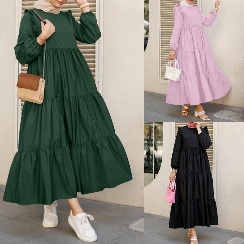 puff sleeve solid color muslim kraft tan maxi dress robe islamic maxi dress fashion women casual sundress