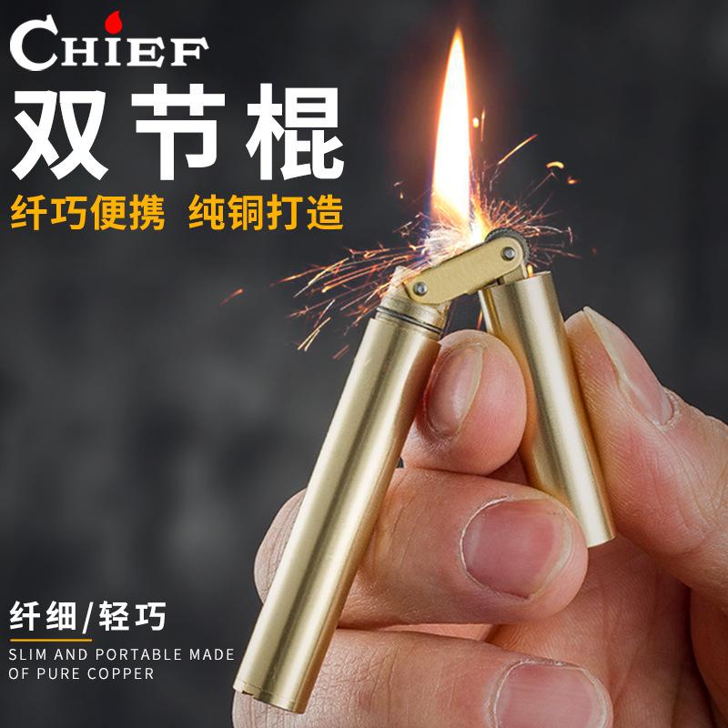 nunchaku chief kerosene grinding wheel lighter personality double cut dragon stick brass lighter gift box details Picture