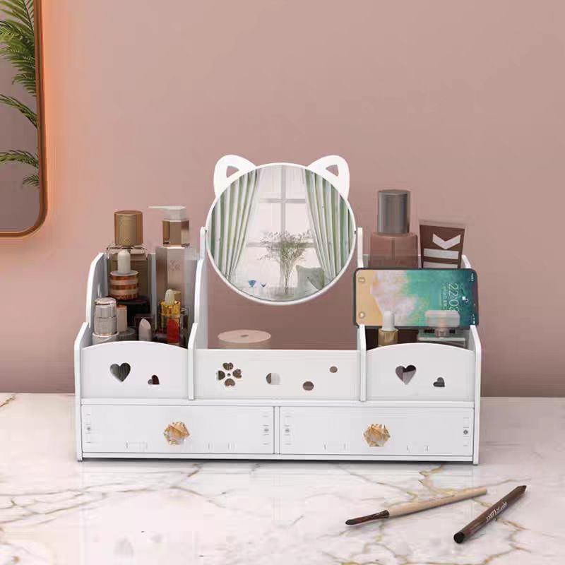 Cosmetics storage rack, storage box, drawer-type makeup mirror stand, desktop dressing mirror, dormitory integrated dressing table Application Scenario