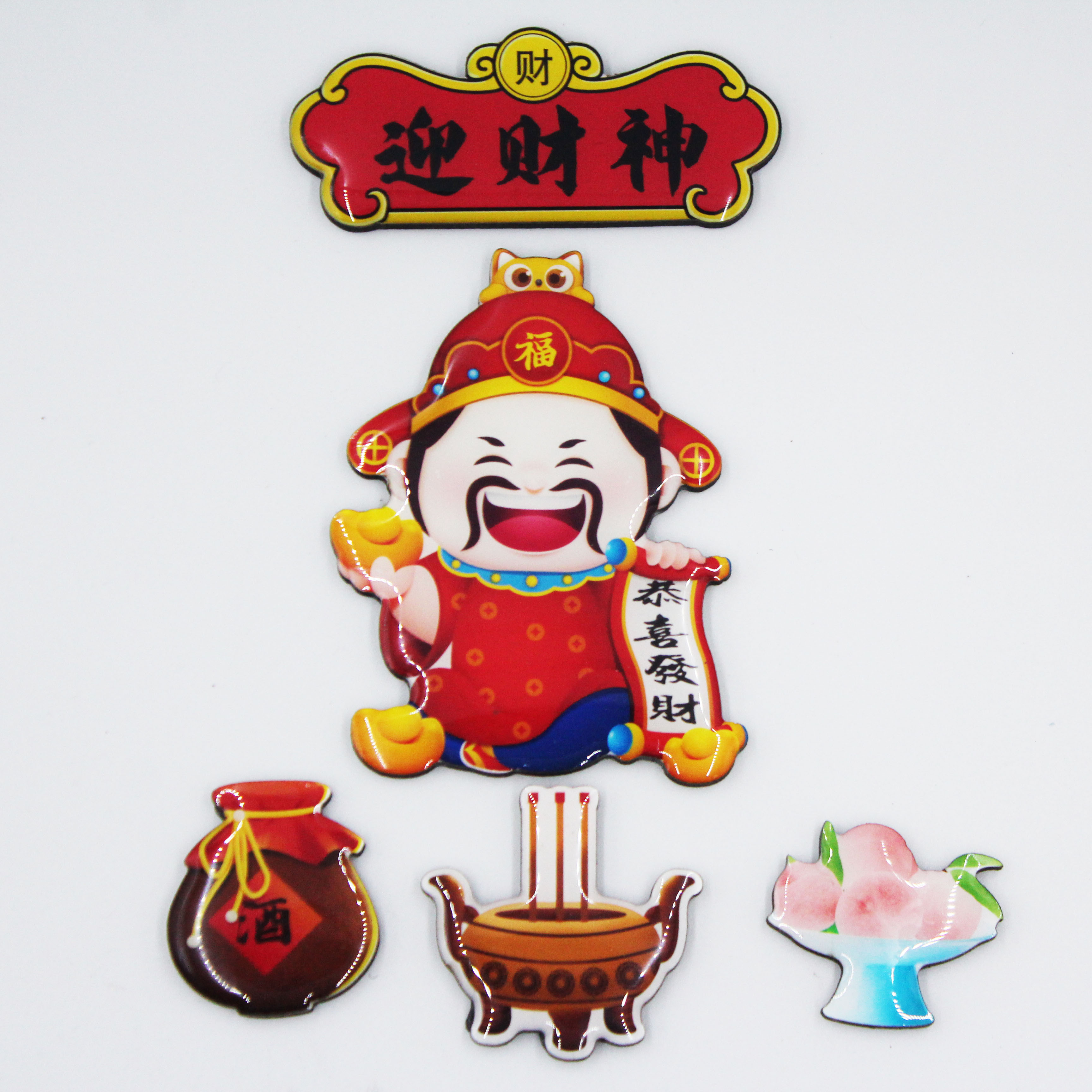 厂家直销 新款财神爷灶神木质冰箱贴 二次元拜神5件套木板冰箱贴