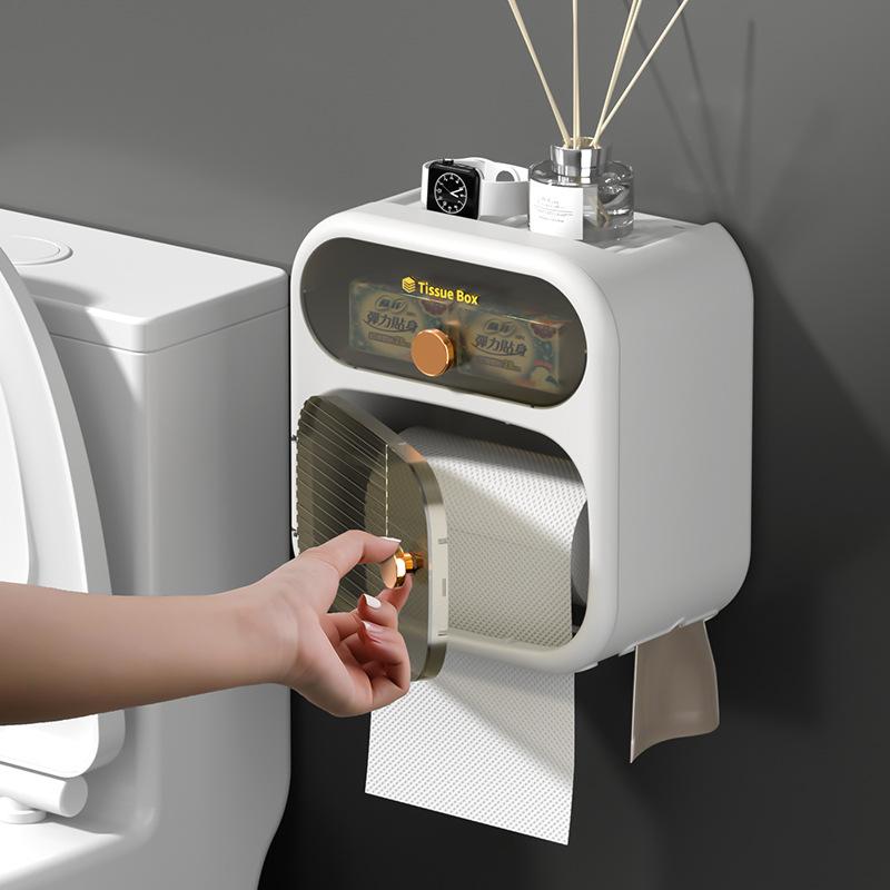 Toilet Tissue Holder Punch-Free Waterproof Toilet Paper Box Wall-Mounted Toilet Paper Rack Double-Layer Tissue Box Application Scenario