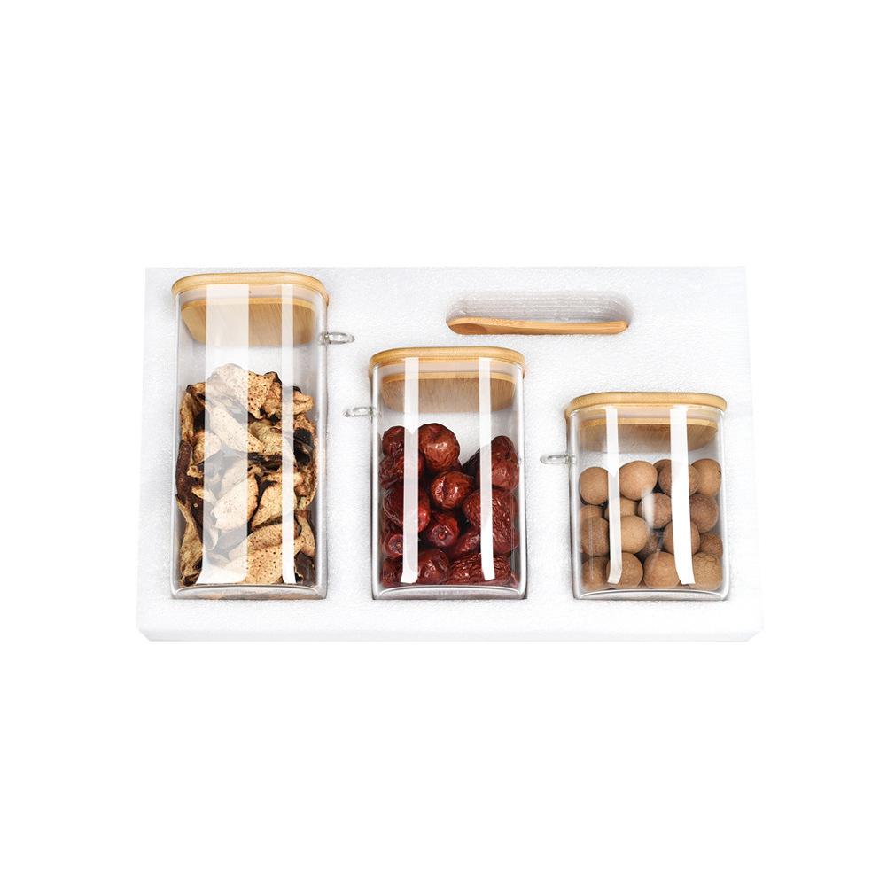 wholesale household sealed glass jar set square glass sealed can with wooden spoon storage tank snack storage jar Item Picture