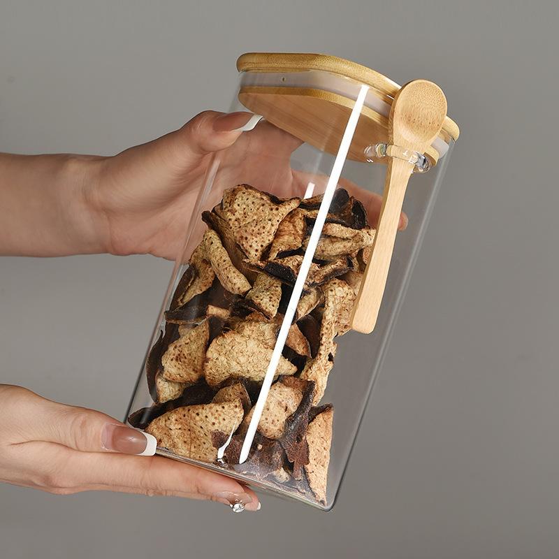 wholesale household sealed glass jar set square glass sealed can with wooden spoon storage tank snack storage jar Application Scenario