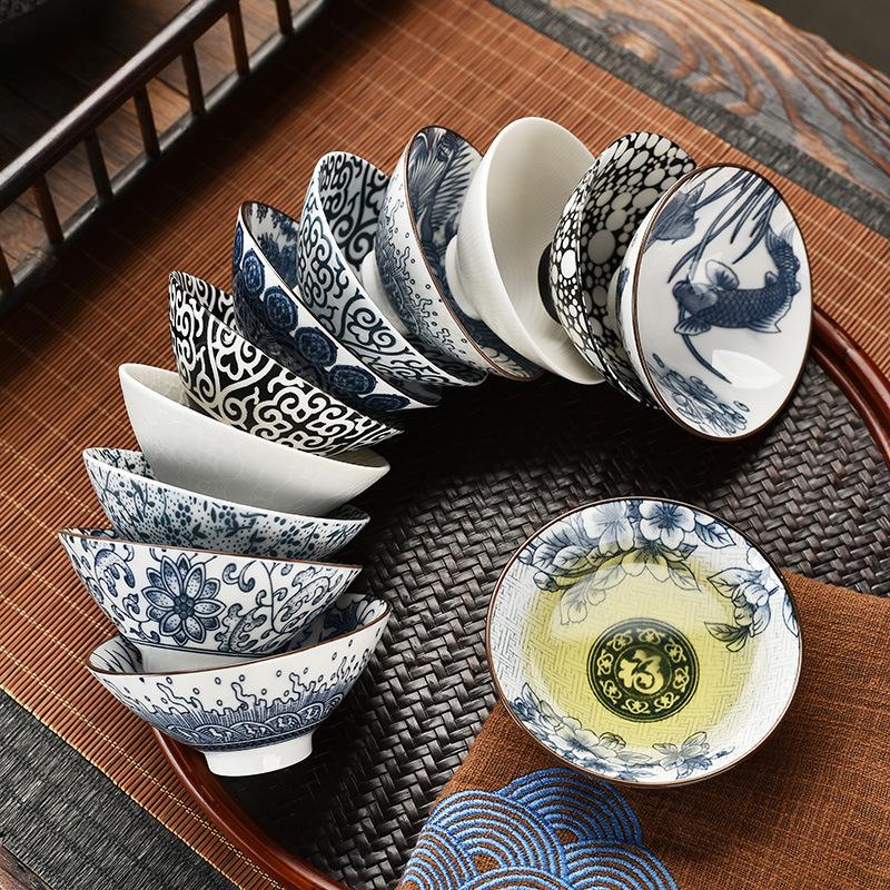 blue and white porcelain tea cup tea bowl tea bamboo-hat type cup ceramic kung fu small tea cup single cup master cup teaware tea cup suit