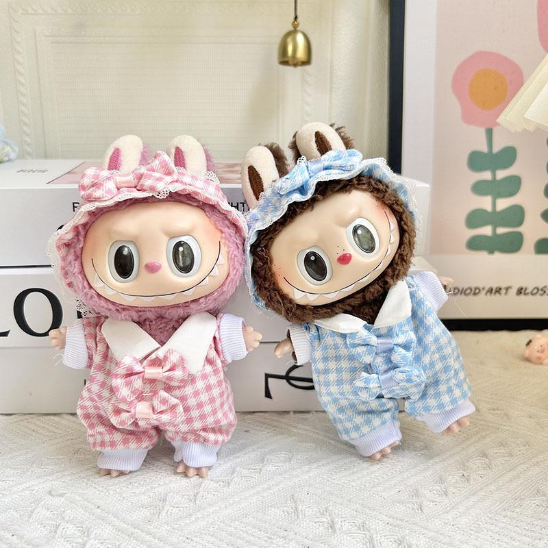clothes only] 17cm pendant blind box automobiles curtain cloth clothes labubu doll with lapel plaid baby pajamas