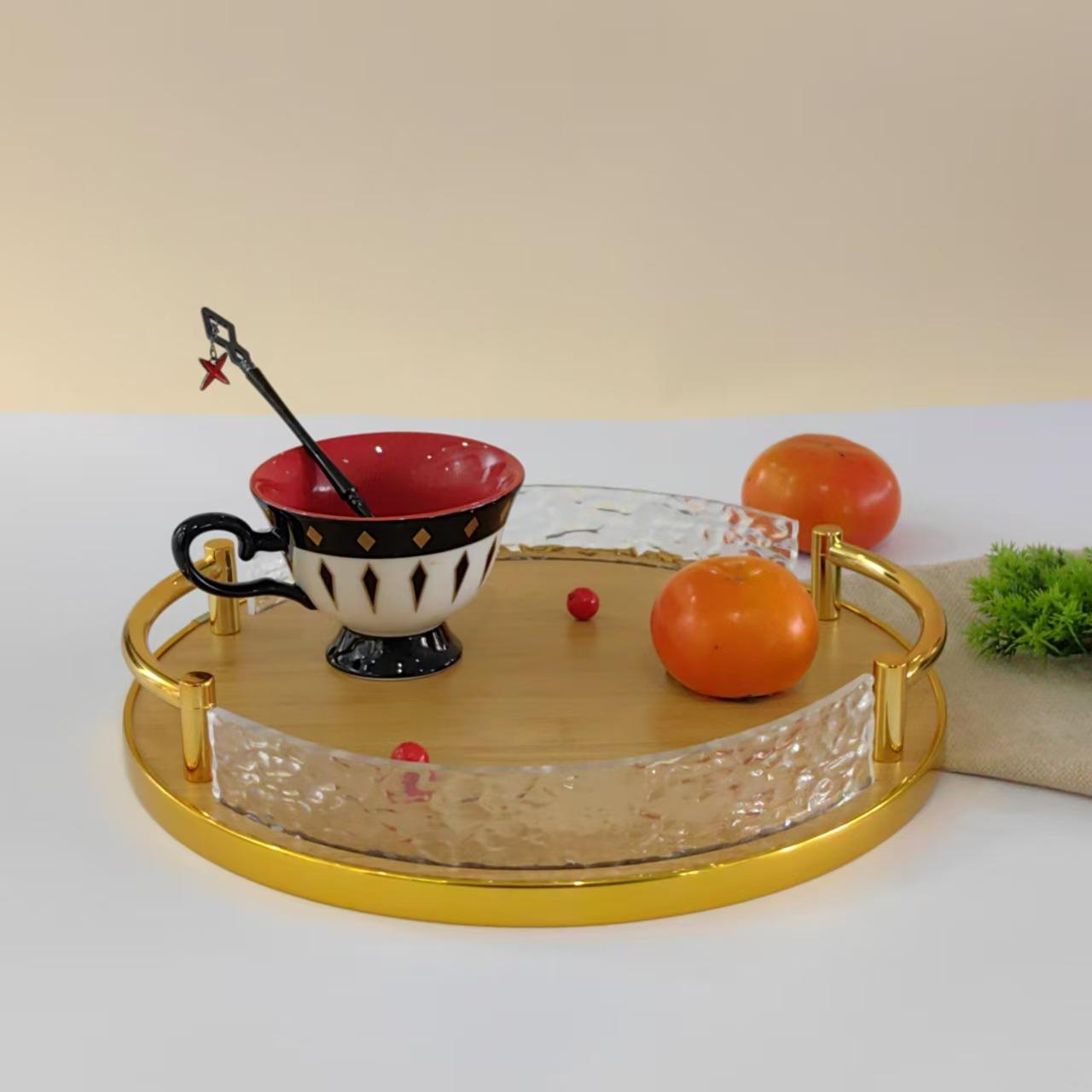 circle and creative golden tray high-grade bamboo tray golden binaural bamboo household hotel sin wind tray