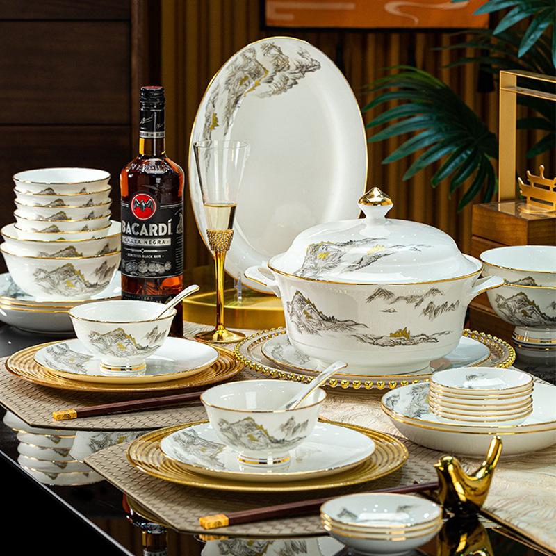 bone china cutlery bowl and plates suit high-end entry lux tableware bowl and plates 60 pieces household tableware a set of jingdezhen bone china