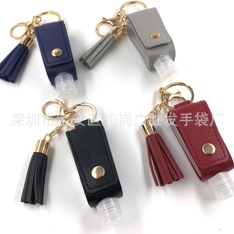pu hand sanitizer leather case tassel spray keychain disinfectant fluid perfume spray empty bottle leather case keychain Item Picture