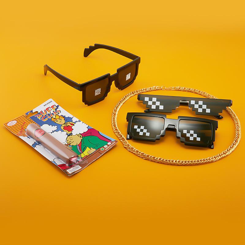 new mosaic internet-famous sunglasses two-dimensional cigar spoof sunglasses gold necklace coding pixel props glasses tide details Picture
