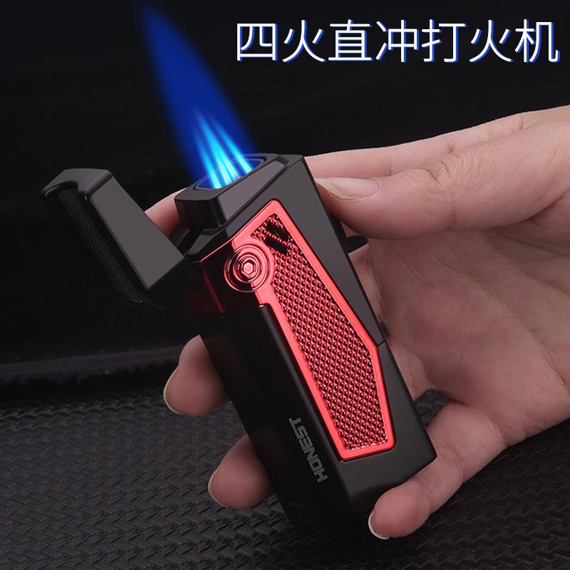 Honest Personality and Versatility Four Straight Blue Fire Metal Gas Lighters with Cigar Drill Cigarette Mop Gift Wholesale