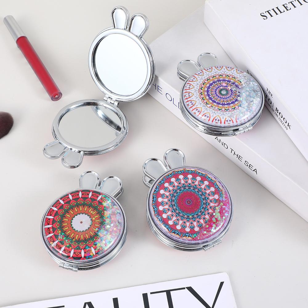 portable rabbit ear bread quicksand ethnic style series makeup mirror small double-sided foldable pocket makeup cosmetic mirror details Picture