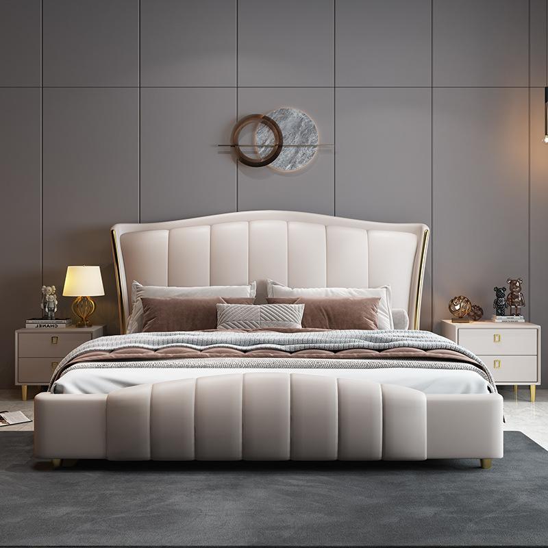 Light Luxury Leather Bed Italian Minimalist Designer Model 2 M Double Bed Master Bedroom Napa Cowhide Soft Bag Solid Wood Bed thumbnail
